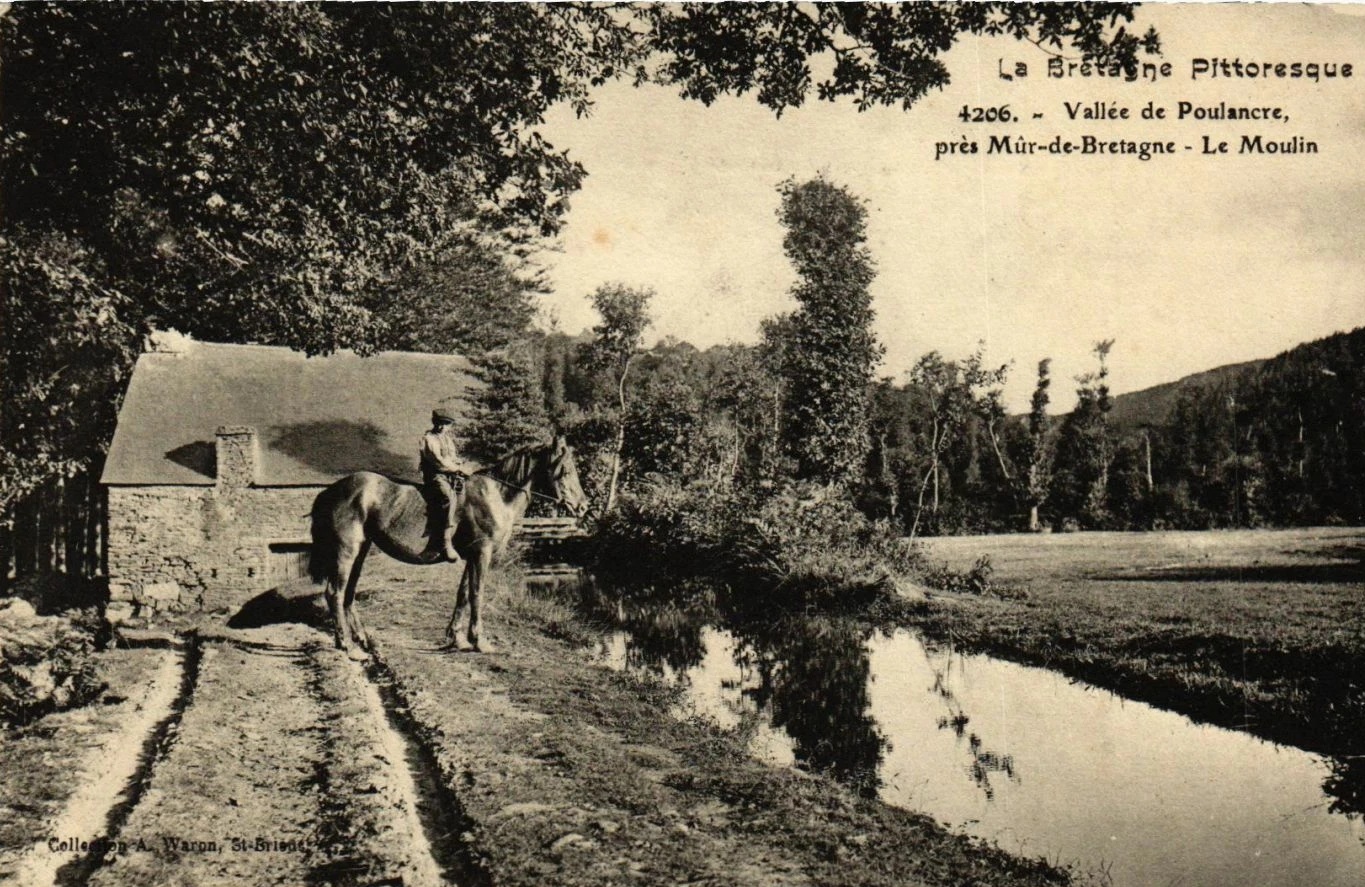le moulin Le Guevel. Un petit postillon amène un des chevaux à l'abreuvoir.